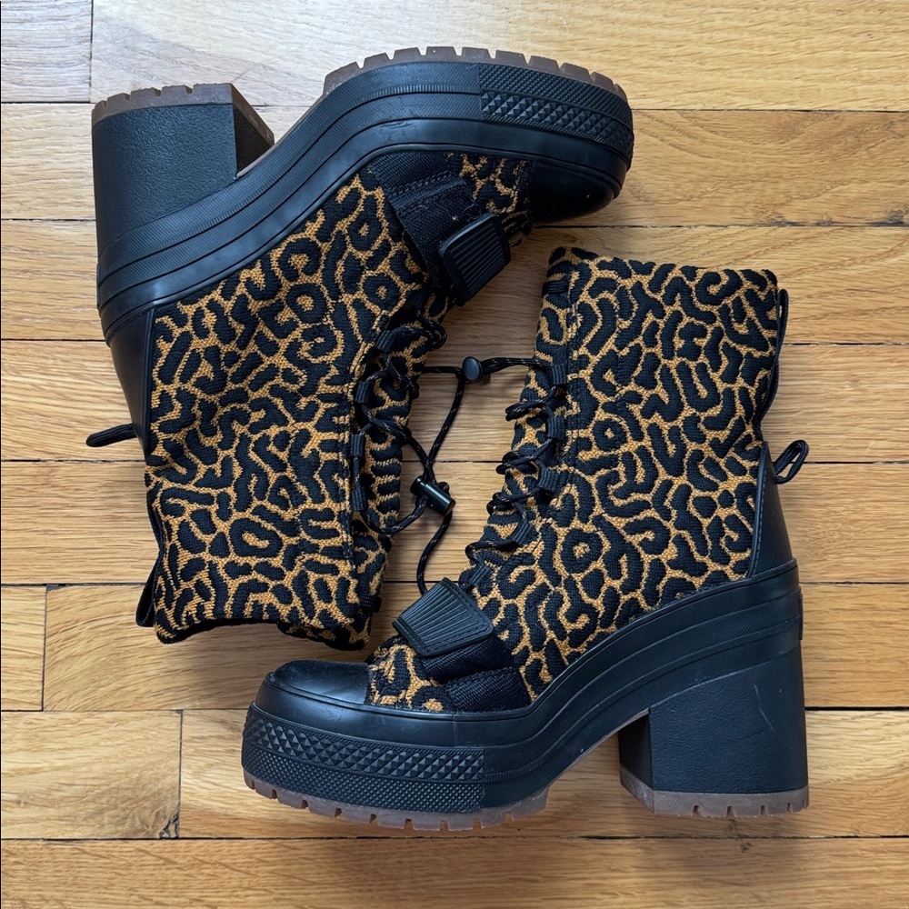 Converse Black and Brown Leopard Print Combat Boots - Picture 2 of 6